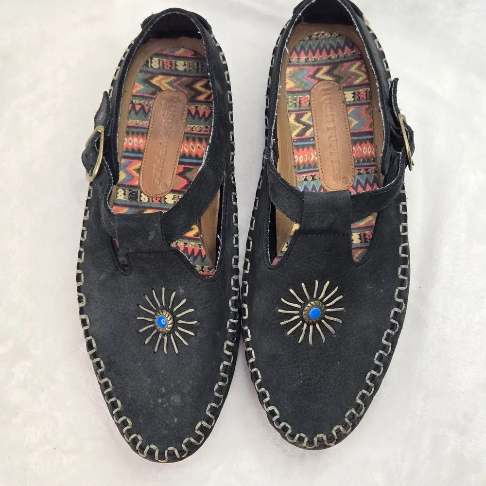 Hush Puppies Womens 8.5 W Black Leather T-Strap Sunburst Flats Shoes 58304